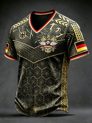 Herren-T-Shirt in Schwarz mit deutschem Fußballmotiv, lässig im Retro-Stil, V-Ausschnitt