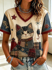 Damen-T-Shirt mit Katzenmotiv und V-Ausschnitt