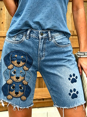 Damen-Jeans mit kurzer Länge und tierischem Hunde-Druck