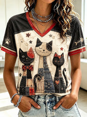 Damen Katzen liebhaber Bedrucktes T-Shirt mit V-Ausschnitt