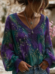 Damen-Top aus Baumwolle-Leinen im Vintage-Stil mit floraler Kunstprint-Optik