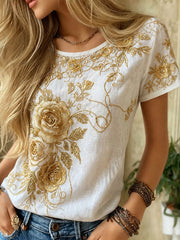 Damen-Vintage-Blumen-Kunstdruck Lässiges Baumwoll-Leinen-Top