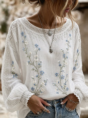 Damen-Top aus Baumwolle-Leinen im Vintage-Stil mit floraler Kunstprint-Optik