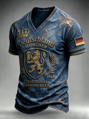 Dunkelblaues, lässiges Herren-T-Shirt im Vintage-Stil mit Münchner Aufdruck und V-Ausschnitt