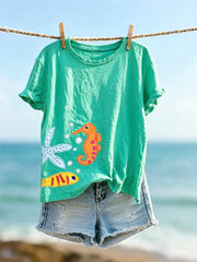 Damen-Kurzarm-T-Shirt mit Seepferdchen und Fisch druck