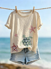 Kurzarm-T-Shirt mit Meeres schildkröte & Seestern Beach Art Print für Damen
