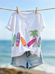 Damen Strand urlaub Palme & Surfbretter Print Kurzarm T-Shirt