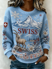 Damen-Waffelpullover mit langen Ärmeln und Schneeberglandschaftsdruck