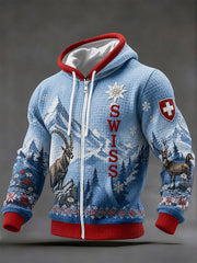 Herren-Schneeberg-Landschaftsdruck Waffelstrick Langarm-Kapuzenjacke
