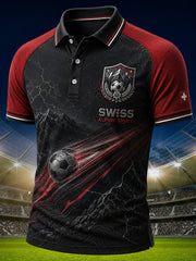 Herren-Poloshirt mit kurzem Raglanärmel und fußballthematikbezogenem Aufdruck