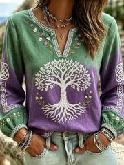 Damen-Retro-T-Shirt mit Wald-Lebensbaum-Viking-Muster