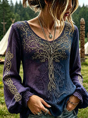 Damen-Retro-T-Shirt mit Baum-des-Lebens-Viking-Muster