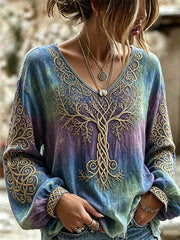 Damen‑Vintage‑Wikinger‑Lebensbaum‑Keltisches Muster Buntgefärbtes Baumwoll‑Leinen‑Hemd