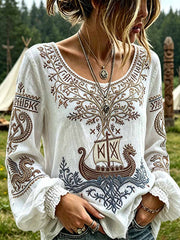 Damen-Retro-T-Shirt mit Wald-Lebensbaum-Viking-Muster