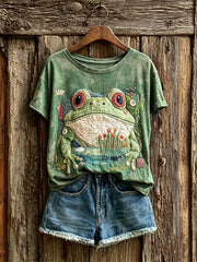Frauen schöne Frosch & Teich Szene Kunstdruck kurz ärmel iges T-Shirt