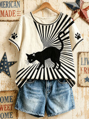 Damen-Amerikanische Retro-Oberteile mit geometrischem Muster und schwarzer Katze