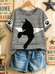 Damen-Amerikanische Retro-Oberteile mit geometrischem Muster und schwarzer Katze