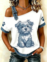 Damen-T-Shirt mit tierischem Hundemuster, im Vintage-Stil, modisch, locker geschnitten, mit kurzen Ärmeln