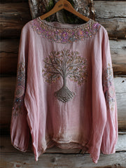 Damen Vintage Boho Viking Tree of Life Kunstdruck Baumwoll-Leinen hemd