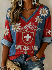 Damen-Top mit Pailletten, Berg-Blumenprint und V-Ausschnitt