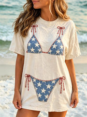 Frauen Amerika Stars und Streifen Bikini Print Beach Vibe T-Shirt