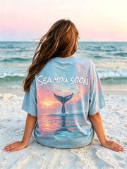 Frauen meer Sie bald Wal schwanz Sonnen untergang Seascape Print T-Shirt