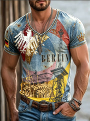 Herren-T-Shirt im Vintage-Stil mit Denim-Print und V-Ausschnitt – Berliner Kulturfestival