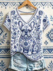 Damen T-Shirts mit V-Ausschnitt, französische Bulldogge