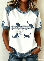 Damen-Animal-Music-Katzenprint Vintage-Mode lockeres Kurzarm-T-Shirt