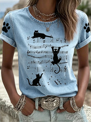 Damen-Tier-Musik-Katze gedruckt Vintage Mode lose Kurzarm-T-Shirt
