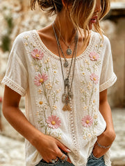 Damen-Top aus Baumwolle-Leinen im Vintage-Stil mit floraler Kunstprint-Optik