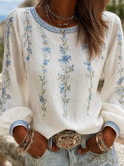 Damen-Top aus Baumwolle-Leinen im Vintage-Stil mit floraler Kunstprint-Optik