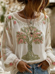 Damen-Top aus Baumwolle-Leinen im Vintage-Stil mit floraler Kunstprint-Optik