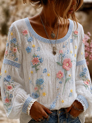 Damen-Top aus Baumwolle-Leinen im Vintage-Stil mit floraler Kunstprint-Optik