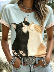 Frauen niedliches Katzen-Kunst-Muster lässig kurzärmliges T-Shirt