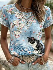Damen Katze Floral Art Muster Rundhals Kurzarm Leinen oberteil