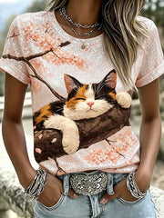 Damen-Lässiges Kurzarm-T-Shirt mit niedlichem Katzen-Motiv