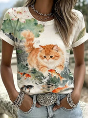 Frauen niedliches Katzen-Kunst-Muster lässig kurzärmliges T-Shirt