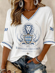 Damen deutscher bayerischer Löwe bedruckte mittellange Ärmel mit V-Ausschnitt T-Shirt