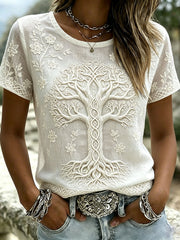 Damen-Viking-Lebensbaum-Keltisches-Knotenmuster-Druck-Leinen-T-Shirt mit kurzen Ärmeln