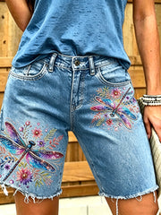 Damen-Jeans mit kurzer Länge und tierischem Libellen-Druck