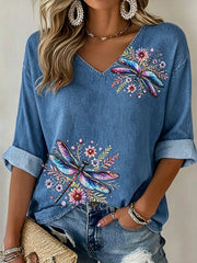 Damen Libelle Bedrucktes T-Shirt mit V-Ausschnitt, Mittelarm