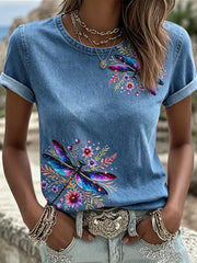 Frauen Libelle gedruckt Vintage Mode Lose Kurzarm T-Shirt