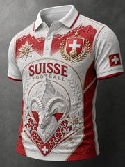 Herren-Poloshirt im Retro-Fußballstil mit geprägtem Print und kurzen Ärmeln