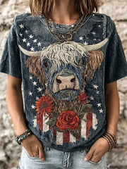Damen-Floral-T-Shirt mit amerikanischer Flagge und Hochlandrind-Print, kurzärmelig