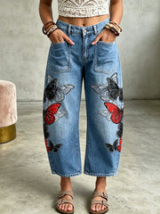 Damen-Hose mit Tier- und Schmetterlings-Art-Print