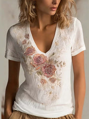 Damen-T-Shirt mit floralem Stickmuster, lässig, kurzärmlig