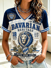 Damen-T-Shirt mit deutschem bayerischen Löwen-Print und V-Ausschnitt