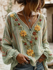 Damen-Top aus Baumwolle und Leinen mit Blumenmuster und V-Ausschnitt