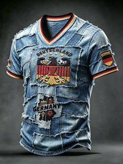 Herren-Vintage-T-Shirt im Patchwork-Design mit deutscher Flagge, lässiger V-Ausschnitt